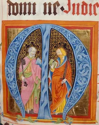 Historiierte Initiale M mit den Heiligen Petrus und Paulus, aus dem Graduale von Friedrich Zollner von Langenzenn, 1439-42