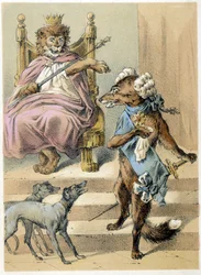 Illustration von Franz Hoffmanns Erzählungen „Märchen und Fabeln - Der Fuchs“: Ein Fuchs spricht vor dem Löwenkönig. Chromolithographie des 19. Jahrhunderts
