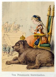Illustration von Franz Hoffmanns Erzählungen „Märchen und Fabeln - Von Prinzessin Sternröschen“: eine Prinzessin neben einem König Bär. Chromolithographie des 19. Jahrhunderts