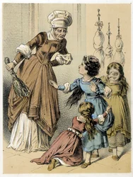 Illustration von Franz Hoffmanns Märchen „Tales et Fables - Les 3 Gifts“: Eine Frau misshandelt die 3 Mädchen. Chromolithographie des 19. Jahrhunderts.