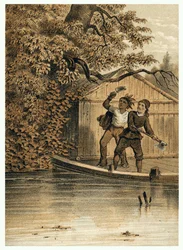 Illustration der Eroberung des Amazonas durch Europäer. In „De Bootslieden der Amazon-River“, Karl Muller, Niederlande