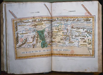Karte des Heiligen Landes, basierend auf Beschreibungen und Koordinaten in Cosmographica von Ptolemäus (Claudius Ptolemaeus von Alexandria) (ca. 90-168 n. Chr.), veröffentlicht in Ulm, Deutschland, von Johann Reger