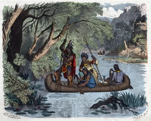 Indianer fischen an Bord eines Kanus auf einem Fluss in Amerika. In „Wenn Jemand eine Reise tut, so kann er was erzählen“, deutsche Erzählung von Franz Wiedemann