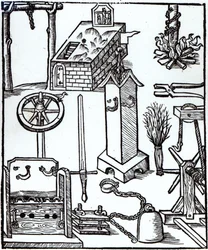 Instrumente der Hinrichtung, Bestrafung und Folter, Illustration aus dem Bamberger Halsgericht, 1507
