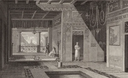Innenraum eines römischen Hauses in Pompeji. Illustration für Bilder-Atlas