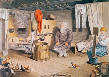 Inneres einer russischen Isba, veröffentlicht in Leipzig, 1820