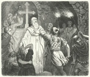 Unterbrechung eines christlichen Gottesdienstes in den römischen Katakomben (Gravur)