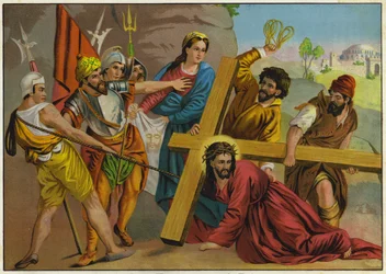 Jesus fällt unter der Last seines Kreuzes auf dem Weg zur Kreuzigung