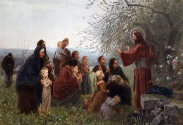Jesus mit Frauen und Kindern („Lasst die kleinen Kinder zu mir kommen“), Deutschland ca. 1880