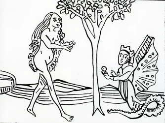 Lilith, geflügelt und gekrönt, mit Schlangenschwanz, bietet Eva den Apfel an, aus 