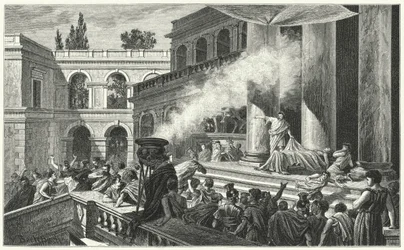 Marcus Antonius löst mit seiner Rede bei der Beerdigung von Julius Caesar einen Aufruhr aus, 44 v. Chr.