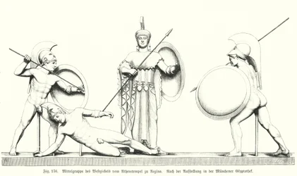 Mittlere Gruppe vom westlichen Giebel des antiken griechischen Tempels der Athena auf der Insel Aegina (Stich)