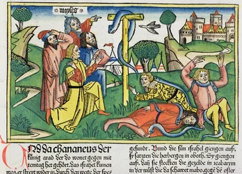 Numeri 21:4-9 Giftige Schlangen beißen rebellische Israeliten, aus der Nürnberger Bibel (Biblia Sacra Germanaica)