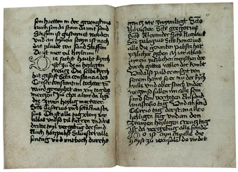 Seiten aus einer deutschsprachigen Ausgabe von Mirabilia Romae, Historia et Descriptio Urbis Romae von Pseudo-Aegidius Romanus, möglicherweise veröffentlicht von Ulrich Han, Rom, ca. 1475