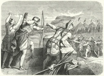 Philipp II. von Makedonien wird beim Angriff auf Methone 355 v. Chr. am Auge verwundet (Gravur)