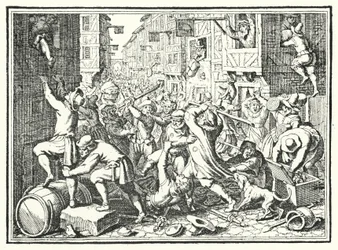 Plünderung der Judengasse, des jüdischen Ghettos von Frankfurt, im Fettmilch-Aufstand, 1614
