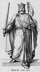 Porträt von Konrad III. von Hohenstaufen (1093-1152), römisch-deutscher Kaiser. Gravur in „Kaiser, König und Papst“ von Richard Roth