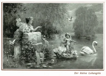 Postkarte, die Lohengrin mit dem Schwan darstellt