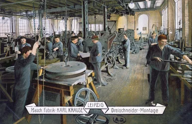 Postkarte, die die Karl-Krause-Fabrik in Leipzig zeigt, ca. 1905