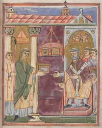 Priester präsentiert ein Buch [an St. Augustinus?]