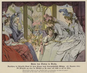 Prinzessin Louise von Mecklenburg-Strelitz küsst eines der Mädchen, die Unter den Linden säumen, um ihre Ankunft in Berlin zu ihrer Hochzeit mit Kronprinz Friedrich III. von Preußen zu begrüßen, 22. Dezember 1793
