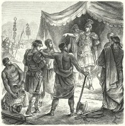 Römischer Konsul Titus Manlius Torquatus verurteilt seinen Sohn zum Tode, weil er seinen Posten im Kampf verlassen hat (Gravur)