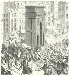 Soldaten auf den Straßen von Paris während des französischen Staatsstreichs im Dezember 1851 (Stich)