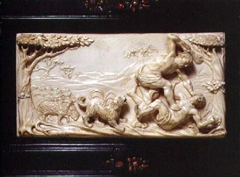 Süddeutsches Kunstkabinett, Detail der geschnitzten Tafel, die Kain und Abel darstellt, 1690