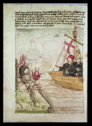 St. Brendan in seinem Schiff, aus der deutschen Übersetzung von Navigatio Sancti Brendani Abbatis, ca. 1476