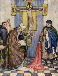 Der heilige Franziskus verzichtet auf seinen Vater vor dem Bischof von Assisi