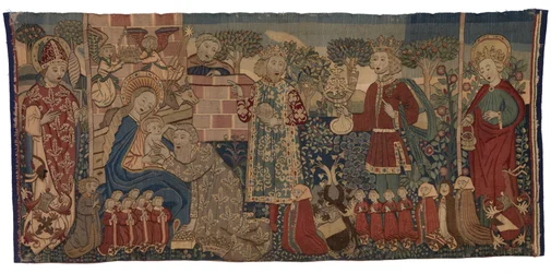 Wandteppich-Antipendium, das die Anbetung der Heiligen Drei Könige und zwei Heilige darstellt, Nürnberg