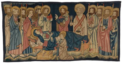 Wandteppichpanel, das den Tod der Jungfrau darstellt, aus dem Mittelrhein, möglicherweise Trier, Mitte des 15. Jahrhunderts
