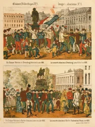 Die Elsass-Rekruten in Straßburg (Kleberplatz) 1869 und in Berlin (Unter den Linden) 1872, aus Elsaesser Bilderbogen, veröffentlicht von A. Schneider, Straßburg, 1873