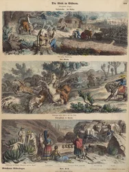 Der amerikanische Westen: eine neue Siedlung; wilde Pferde in New Mexico einfangen; eine Bergstraße in Mexiko (kolorierte Gravur)