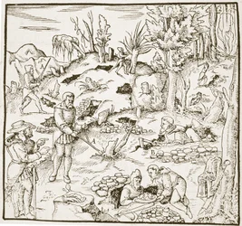 Die Wünschelrute, aus Bergwerk Buch von Georg Agricola, Frankfurt 1580, illustriert in einer Geschichte der Magie, veröffentlicht im späten 19. Jahrhundert