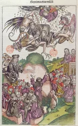 Der Sturz des Simon Magus, aus La Chronique de Nuremberg von Hartmann Schedel, Nürnberg, 1492 (Farbholzschnitt)