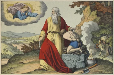 Das Opfer Isaaks durch Abraham, Illustration aus dem Alten Testament, veröffentlicht von Jakob Ferdinand Schreiber, Esslingen (Farbstich)