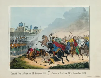 Die Belagerung von Lucknow in Uttar Pradesh während des Indischen Aufstands von 1857, illustriertes Flugblatt, veröffentlicht von P.C. Geissler, Nürnberg, 1857