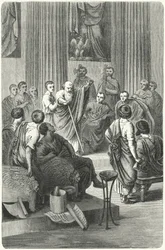 Der blinde Appius Claudius Caecus spricht im Römischen Senat gegen Cineas, den Botschafter von Pyrrhus von Epirus, 279 v. Chr. (Gravur)