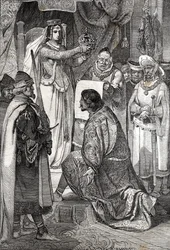 Die Krönung von Erik XIII. von Pommern als König der nordischen Königreiche Schweden, Dänemark und Norwegen, durch Margarete I. von Dänemark