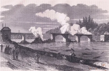 Die Verteidigung von Paris - die Brücke von Asnieres brennen, Cassells Geschichte des Krieges zwischen Frankreich und Deutschland, veröffentlicht von Cassell und Company Limited, ca. 1890