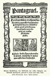 Titelseite der ersten Ausgabe von Pantagruel, von dem französischen Autor Francois Rabelais, gedruckt in Lyon im Jahr 1532