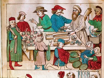 Handel: Straßenszene. Miniatur aus der „Chronik des Konstanzer Konzils“ von Ulrich Richental (1360-1437), um 1438. Prag, Nationalbibliothek