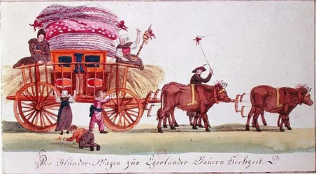 Transport eines Ehebett nach der Hochzeit von Bauern aus Eger (heute Cheb) in Böhmen (heute Tschechische Republik)