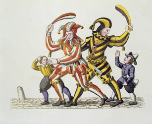 Zwei Possenreiter spielen mit Kindern, aus Alte Nürnberger Bräuche und Spiele und Lieder, neu veröffentlicht 1831