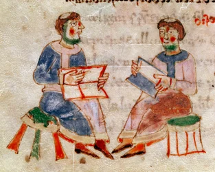 Zwei Mönche diskutieren oder Miniaturszene aus dem Band „de Gymnasium“ in „De Universo“ (oder De rerum naturis (Von der Natur der Dinge)) (cod. 132) von Rabanus Maurus Magnentius (oder Raban Maur oder Rabano Mauro) (ca. 780-856)