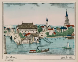 Ansicht von Konstanz mit Hafen, Konzil und Kathedrale, aus Neuruppiner Bilderbogen, 1830