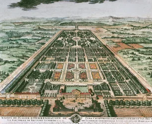 Ansicht des Gartens des Schlosses Herrenhausen, um 1708, Farbdruck, Deutschland