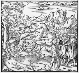 Wilhelm Tell, Illustration aus Cosmographie Universelle von Sebastien Munster (1488-1552) Basel, veröffentlicht 1559