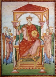 Otto III. empfängt den Tribut der Nationen. Miniatur aus dem Manuskript "Evangelium von Otto III."